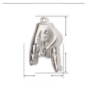 Detail showing gesture pendant dimensions 20x10mm and 3.1g weight in stainless steel