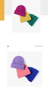 Close-up of ribbed texture and fold-over cuff on colorful winter knit beanies