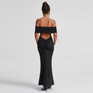Detail view of backless black off-shoulder dress with elegant ruching and slim fit cut