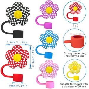 Checkerboard flower straw covers for 10mm Stanley cups, colorful PVC dust caps set