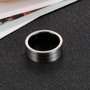 Matte silver titanium steel ring with double beveled edges and brushed metal finish
