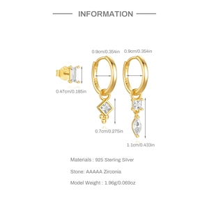 Detail view of S925 sterling silver hoop earrings with detachable zircon charms measurements