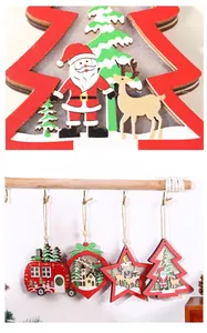 Detail of four unique wooden Christmas ornaments with LED lights and festive glitter finish