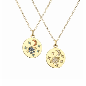 Collana In Rame Placcato Oro Ciondolo Pianeta Luna Stella Con Zirconia Cubica Colorata Micro Pave Gioielli Per Donna