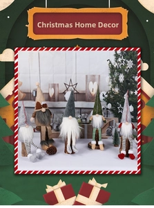 Detail of five assorted Christmas gnomes on wooden bases with long legs and tall hats