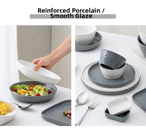 Detail of French ceramic dinnerware with smooth glaze finish and subtle hammered texture