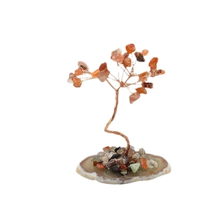 Handmade red agate crystal money tree with copper wire on a natural agate slice base