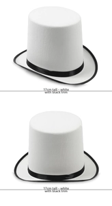 Detailed view of white felt top hat with black ribbon trim and a height of 17cm