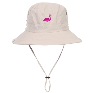 Beige canvas sun hat with pink flamingo embroidery and adjustable chin strap