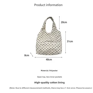 Detailed size chart for polka dot canvas tote with 40x31x8cm dimensions and dual pockets