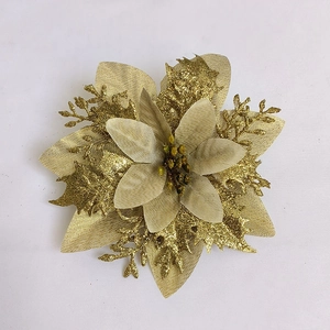 Close-up of a 14cm golden glitter artificial flower with layered silk petals for decor