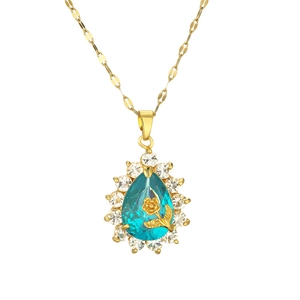 Water-drop teal gemstone pendant necklace with rose flower detail in gold finish
