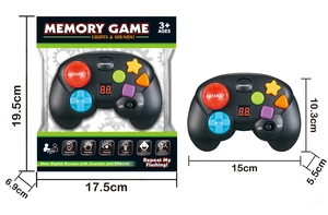Detailed view of electronic memory game console showing product and packaging dimensions