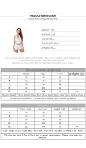 Detailed size chart for high-waisted distressed denim shorts with model measurements