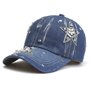 Women Washed Denim Baseball Cap Rhinestone Star Flower Decor Street Style Distressed Peaked Sunshade Hat Adjustable