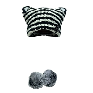 Cute Japanese knit cat ear hat with black and white stripes and gray pompom accessories