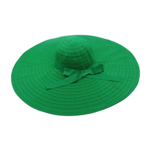Elegant bright green sun hat with large brim and silk bow, foldable summer beach headwear