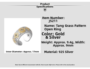 Detailed spec view of a 925 silver Tang Grass pattern open ring with gold and silver finish