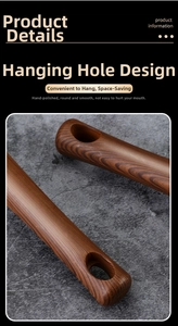 Close-up of wood-grain handle with a practical hanging hole for kitchen storage