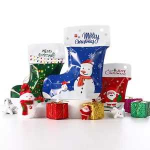 Christmas Stocking Shaped Stand Up Gift Bags Plastic Self Sealing Reusable Holiday Party Candy Jewelry Packaging