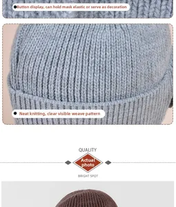 Detailed view of the side button on thick ribbed knit pilot hat for mask attachment