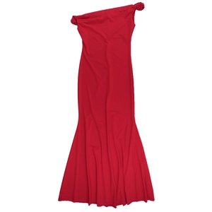 Detailed front view of a red off-shoulder fishtail maxi dress with elegant twist design