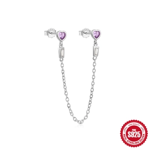 925 silver earring with purple heart zircon and rectangular stone on delicate chain