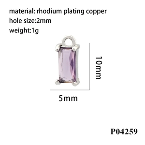 Macro shot of rectangular purple cubic zirconia pendant in rhodium plating copper setting