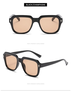 Front and side view of black square sunglasses with vintage champagne lenses on white backdrop
