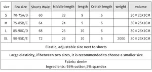 Detaillierte Größentabelle für Denim-Bikini mit Angaben zu Körbchengröße und Taillenumfang
