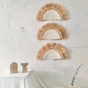 Set of 3 semicircular raffia and cotton wall hangings in Nordic bohemian style