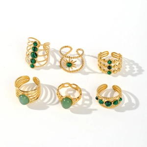 Set of 6 vintage 18k gold plated stainless steel rings with green malachite stone