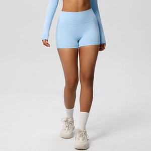 Detail shot of light blue high-waisted seamless yoga shorts showing fabric texture