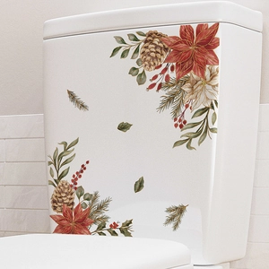 Autocollants de Noël pour toilettes avec pommes de pin et poinsettias sur réservoir