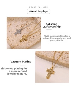 Detailed macro of cross pendant with micro-inlaid zircon and polished finish