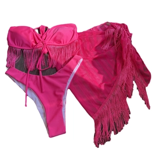 Three-piece neon pink bikini set with fringe tube top, high cut bottoms and matching sarong