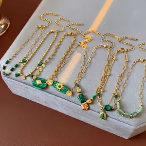 Bracelet En Acier Inoxydable Vintage Pour Femme Avec Malachite Verte Plaqué Or 18K Étiquette S925 Bijoux