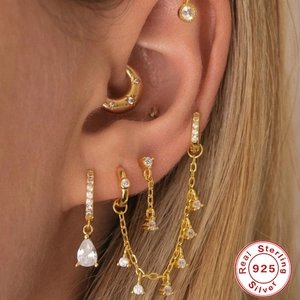 S925 Sterling Silver gold plated earring set with zircon studs and delicate tassel chains