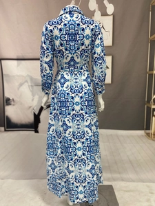Detail of bohemian porcelain print pattern and back design of the long sleeve dress