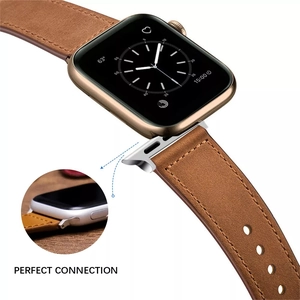 Macro detail of brown leather strap showing perfect metal connector fit for Apple Watch