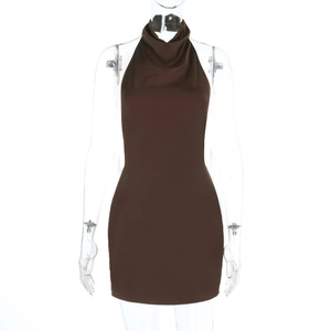 Detail of dark brown halter neck mini dress with stylish cowl neck draping effect