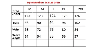 Size chart for pink sequin evening gown showing length, bust, waist, and sleeve measurements