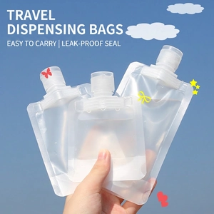 Three sizes of frosted portable travel squeeze pouches for shampoo and lotion storage