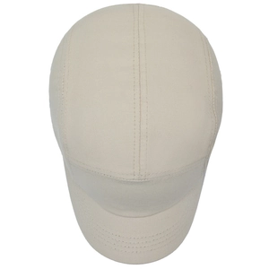 Top view of a minimalist beige five-panel camping cap with reinforced stitching and curved brim