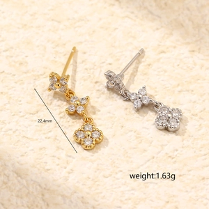 S925 silver four-leaf clover tassel earrings with cubic zirconia in gold and silver