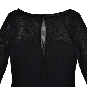 Detail of long sleeve dress with mesh patchwork and teardrop cutout on chest