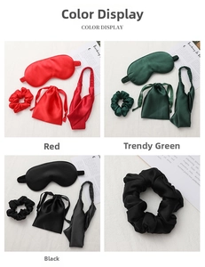 Silk-like satin sleep mask set detail with scrunchie and headband in red, green and black