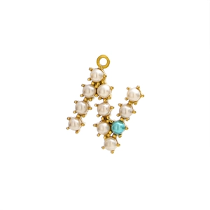 Detail of letter N pendant crafted with white pearls and blue bead on gold metal base