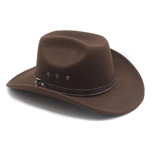 Classic dark brown western cowboy hat with wide brim and decorative leather buckle strap