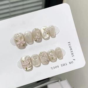 Press On Nails 3D Flower Artificial Pearl Cat Eye Shimmer ABS Plastic Short Ballet False Nails For Women Gentle Elegant Style